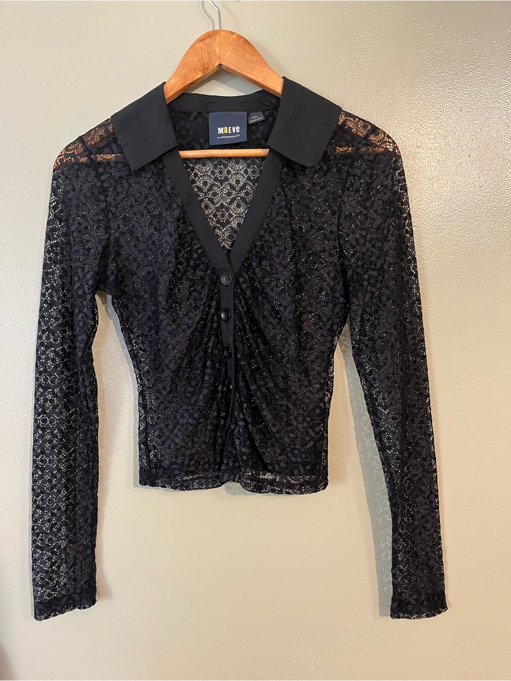 Maeve Black Lace Button-Front Long Sleeve Top Crop Whimsical XS